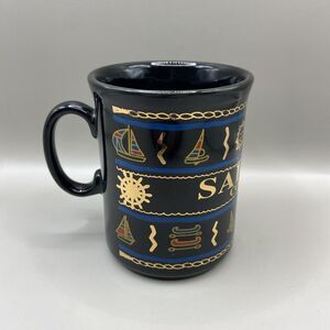 Vintage Saltash Cornwall Coffee Mug ~ Black Gold Blue Nautical Sailboat Theme